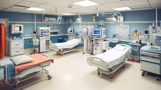 Hospital and doctors help: Interior of a modern hospital room with bed and equipment. 3d rendering