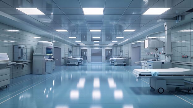 Hospital and doctors help: 3d render of modern hospital corridor interior with bed and equipment.
