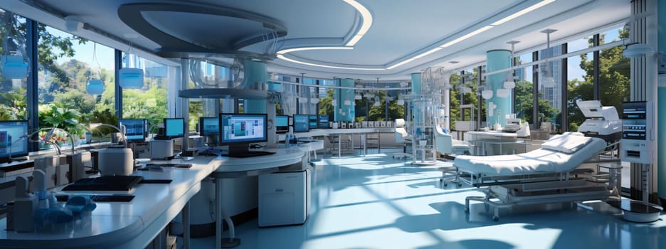 Hospital and doctors help: 3d rendering of a modern hospital corridor with medical equipment and computers