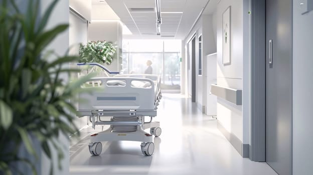 Hospital and doctors help: Hospital corridor with a hospital bed. 3d render illustration.