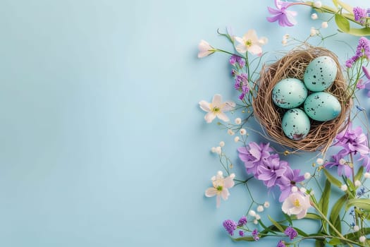 Feasts of the Lord's Resurrection: Easter eggs in nest and spring flowers on blue background. Top view with copy space