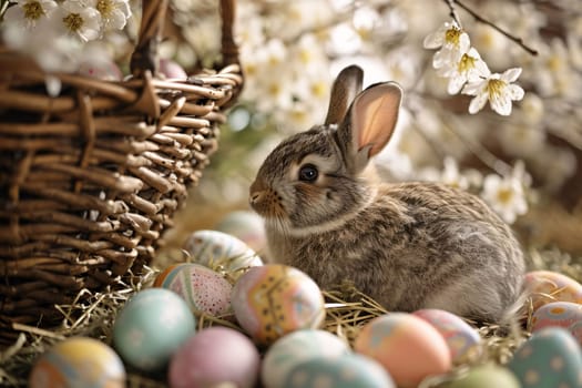 Feasts of the Lord's Resurrection: Cute little bunny with Easter eggs in basket on hay, closeup