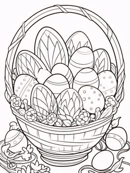 Feasts of the Lord's Resurrection: Easter basket with eggs and flowers. Vector illustration for coloring book.