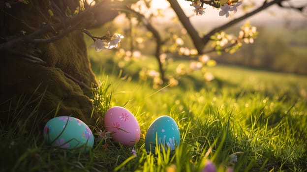Feasts of the Lord's Resurrection: Colorful easter eggs on green grass with blooming tree in background