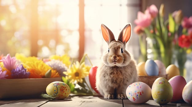 Feasts of the Lord's Resurrection: Cute Easter bunny and colorful eggs on wooden table, closeup
