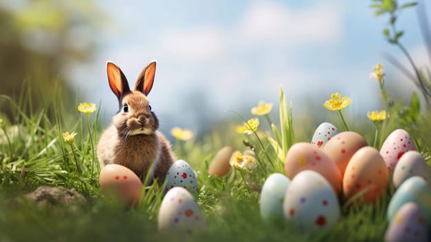 A charming Easter bunny surrounded by painted eggs amidst spring flowers basking in sunlight in a lush field.
