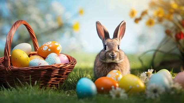 Feasts of the Lord's Resurrection: Easter bunny with colorful eggs in basket on green grass, closeup