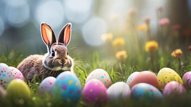 Feasts of the Lord's Resurrection: Easter bunny with colorful eggs on green grass. Easter holiday concept