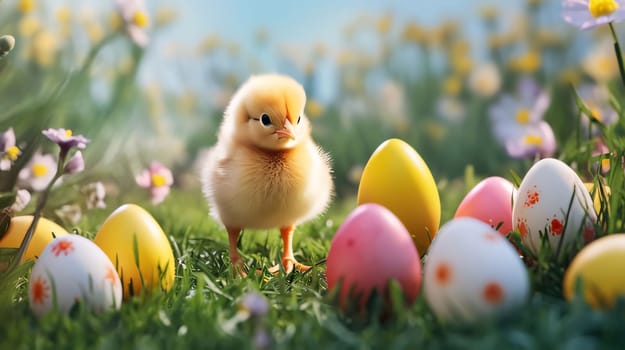 Feasts of the Lord's Resurrection: Easter eggs and yellow chicken on green grass. Easter background.
