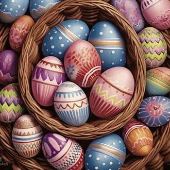 Feasts of the Lord's Resurrection: Colorful easter eggs in a wicker basket close-up