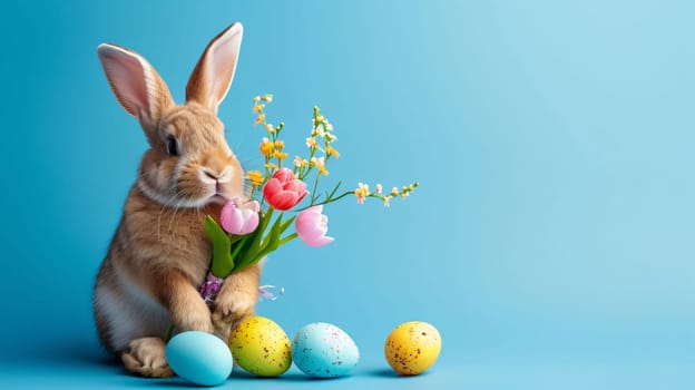 Feasts of the Lord's Resurrection: Easter bunny with flowers and easter eggs on blue background.