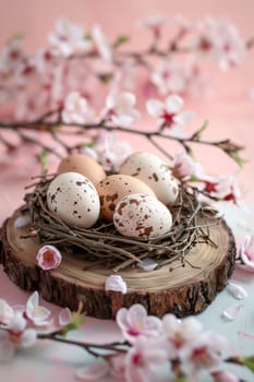 Feasts of the Lord's Resurrection: Easter eggs in nest on wooden background with spring blossom.