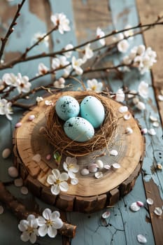 Feasts of the Lord's Resurrection: Easter eggs in a nest with flowers on a wooden background.