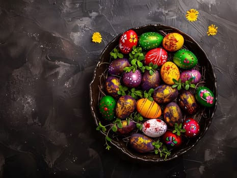 Feasts of the Lord's Resurrection: Colorful Easter eggs in a basket on a dark background, top view