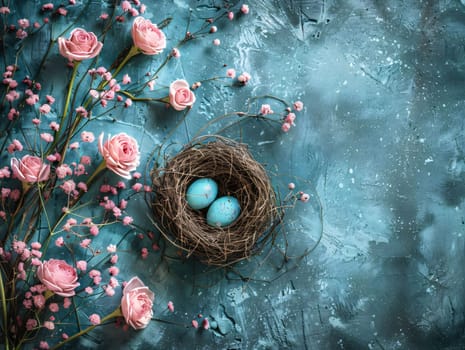 Feasts of the Lord's Resurrection: Easter eggs in a nest with pink flowers on a blue background