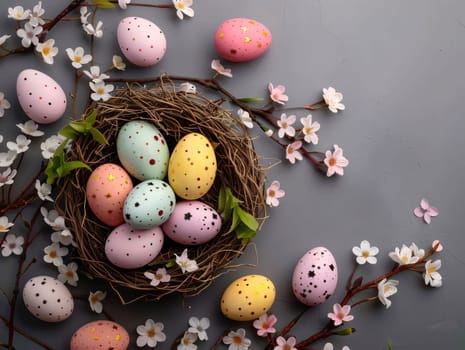 Feasts of the Lord's Resurrection: Colorful easter eggs in nest and spring flowers on gray background