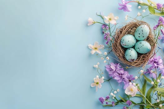 Feasts of the Lord's Resurrection: Easter eggs in nest with spring flowers on blue background, top view