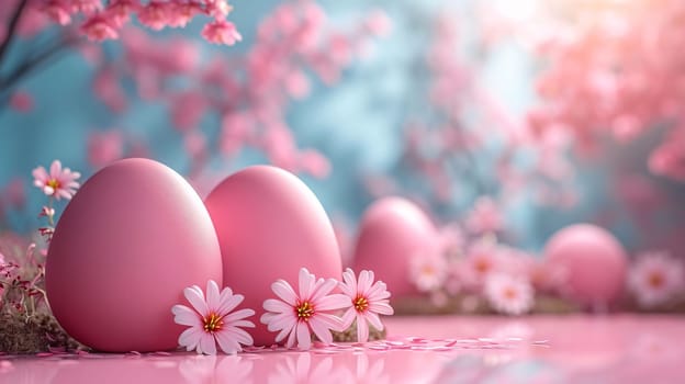 Feasts of the Lord's Resurrection: Easter eggs and spring flowers on a pink background with copy space