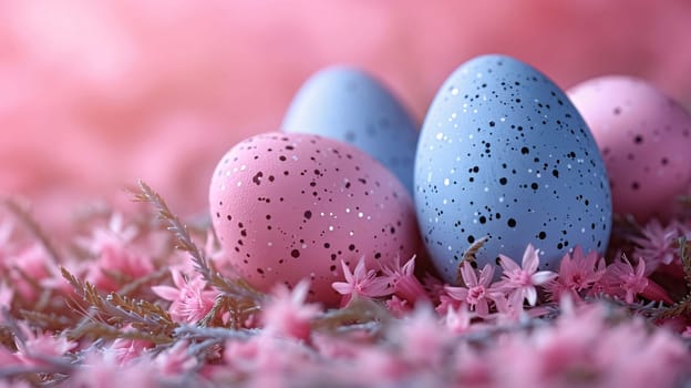 Colorful Easter eggs with polka dots nestled amongst delicate pink flowers, conveying a sense of spring and renewal.