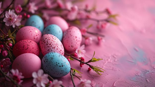 Feasts of the Lord's Resurrection: Colorful easter eggs on a pink background with spring flowers.