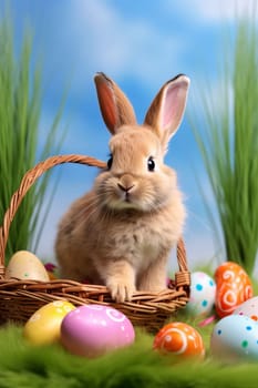 Feasts of the Lord's Resurrection: Cute easter bunny with basket full of colorful eggs on green grass