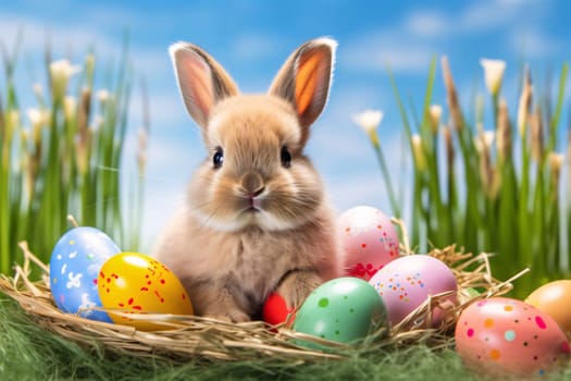 An adorable rabbit sits among vibrant Easter eggs nestled in grass, evoking a cheerful springtime atmosphere.