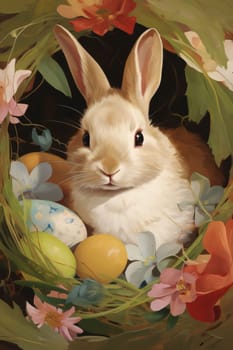 Feasts of the Lord's Resurrection: Easter bunny with colored eggs in a basket of flowers on a dark background