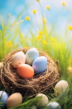 Feast of the Lord's Resurrection: Easter eggs in nest on green grass and blue sky background.