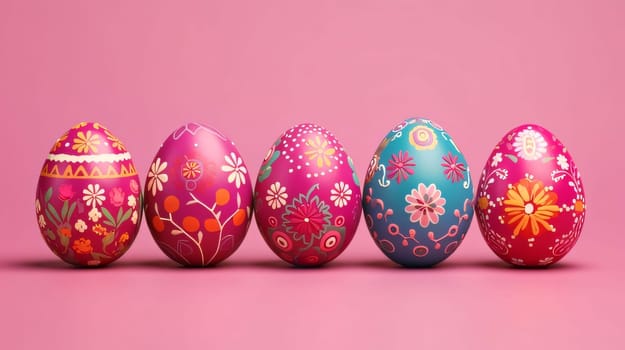 Feasts of the Lord's Resurrection: Row of colorful easter eggs on pink background. 3d render