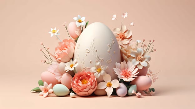 Feast of the Lord's Resurrection: Easter eggs and spring flowers on pastel background. Happy Easter concept.