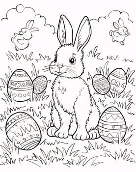 Feasts of the Lord's Resurrection: Easter bunny and eggs in the grass. Coloring book for children