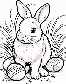 Feast of the Lord's Resurrection: Easter bunny with eggs in the grass. Vector illustration for coloring book.