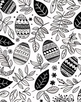 Feasts of the Lord's Resurrection: Seamless pattern with black and white easter eggs and leaves on white background