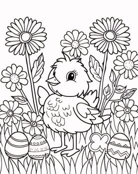 Feasts of the Lord's Resurrection: Easter coloring page with chicken and eggs. Vector illustration for coloring book.