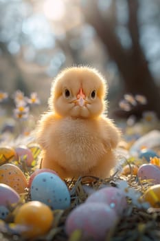 Feasts of the Lord's Resurrection: Cute little chicken and Easter eggs in nest on sunny spring day