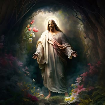 Feasts of the Lord's Resurrection: Jesus Christ with flowers in the dark forest. 3d illustration.