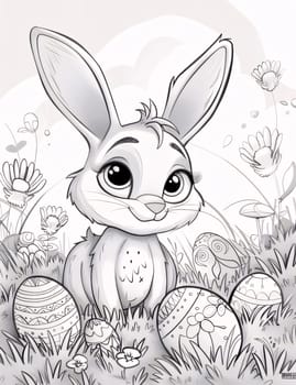 Feasts of the Lord's Resurrection: Easter bunny with eggs in the meadow. Vector illustration.