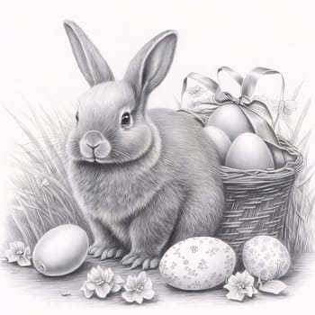 Feasts of the Lord's Resurrection: Easter bunny and basket with eggs. Black and white illustration.