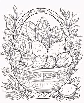 Feasts of the Lord's Resurrection: Easter basket with eggs and flowers. Black and white vector illustration.