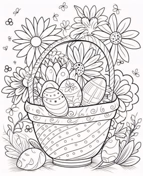 Feasts of the Lord's Resurrection: Easter basket with eggs and flowers. Coloring book for adults.