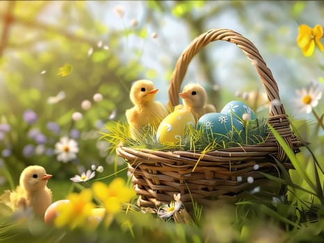 Feasts of the Lord's Resurrection: Basket with Easter eggs, yellow chickens and flowers on green grass