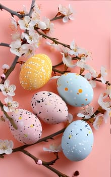 Feasts of the Lord's Resurrection: Colorful easter eggs and blooming branches on pink background.