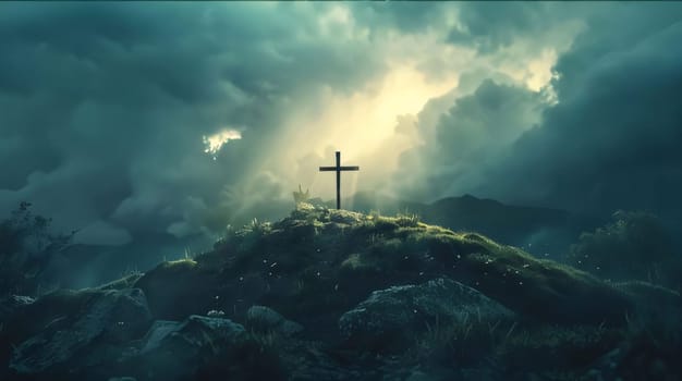 Feasts of the Lord's Resurrection: Cross on the hill with dark stormy sky. 3d render