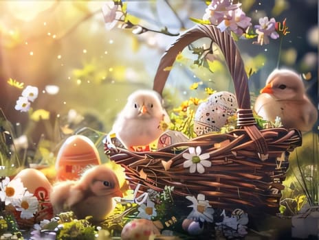 Feasts of the Lord's Resurrection: Easter eggs and chickens in a basket on a green grass background