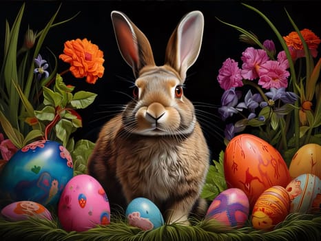 Feasts of the Lord's Resurrection: Easter bunny with eggs and flowers on a black background, 3d illustration