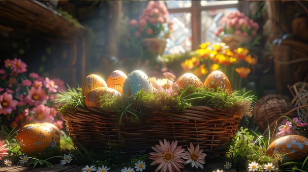 A beautifully arranged wicker basket filled with decorated Easter eggs among blooming flowers, conveying the joy of springtime.