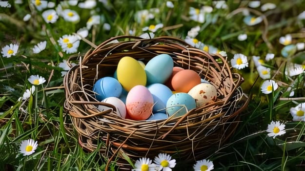 Feasts of the Lord's Resurrection: Colorful Easter eggs in a basket with daisies in the grass