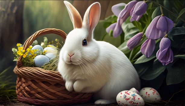 Feasts of the Lord's Resurrection: Easter bunny with basket of eggs and flowers on wooden background.