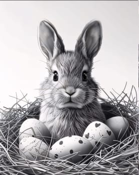 Feast of the Lord's Resurrection: Easter bunny with eggs in nest. Black and white photo.