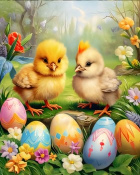 Feasts of the Lord's Resurrection: Easter background with easter chicks and eggs in the meadow